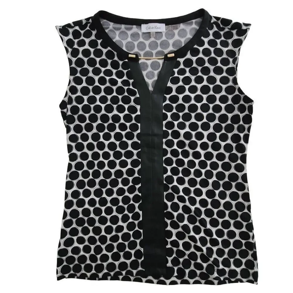 Calvin Klein Polka Dot Sleeveless Blouse Faux Leather Trim Size XS - Picture 2 of 9
